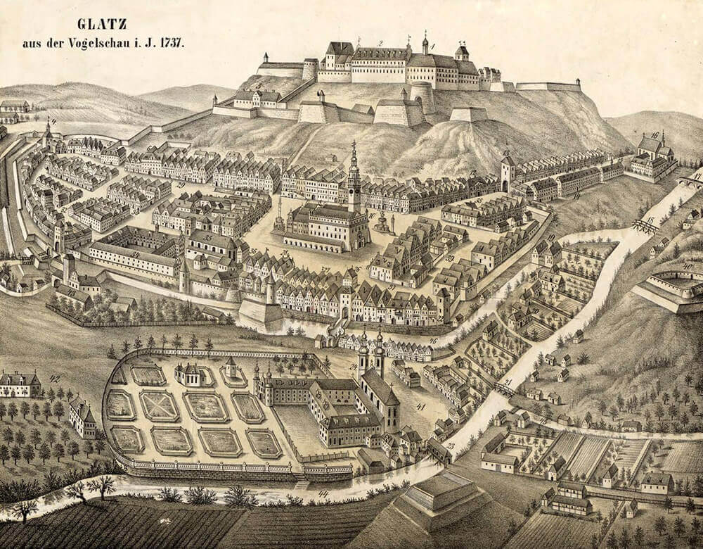 Kłodzko i zamek w 1737 r, na litografii Friedricha Kłodzko i zamek w 1737 r, na litografii Friedricha